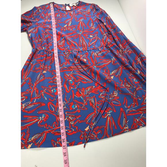 Diane von Frurstenberg 100% Silk Dress Eldsen Blue Red Floral Print Long Sleeve - Picture 10 of 11
